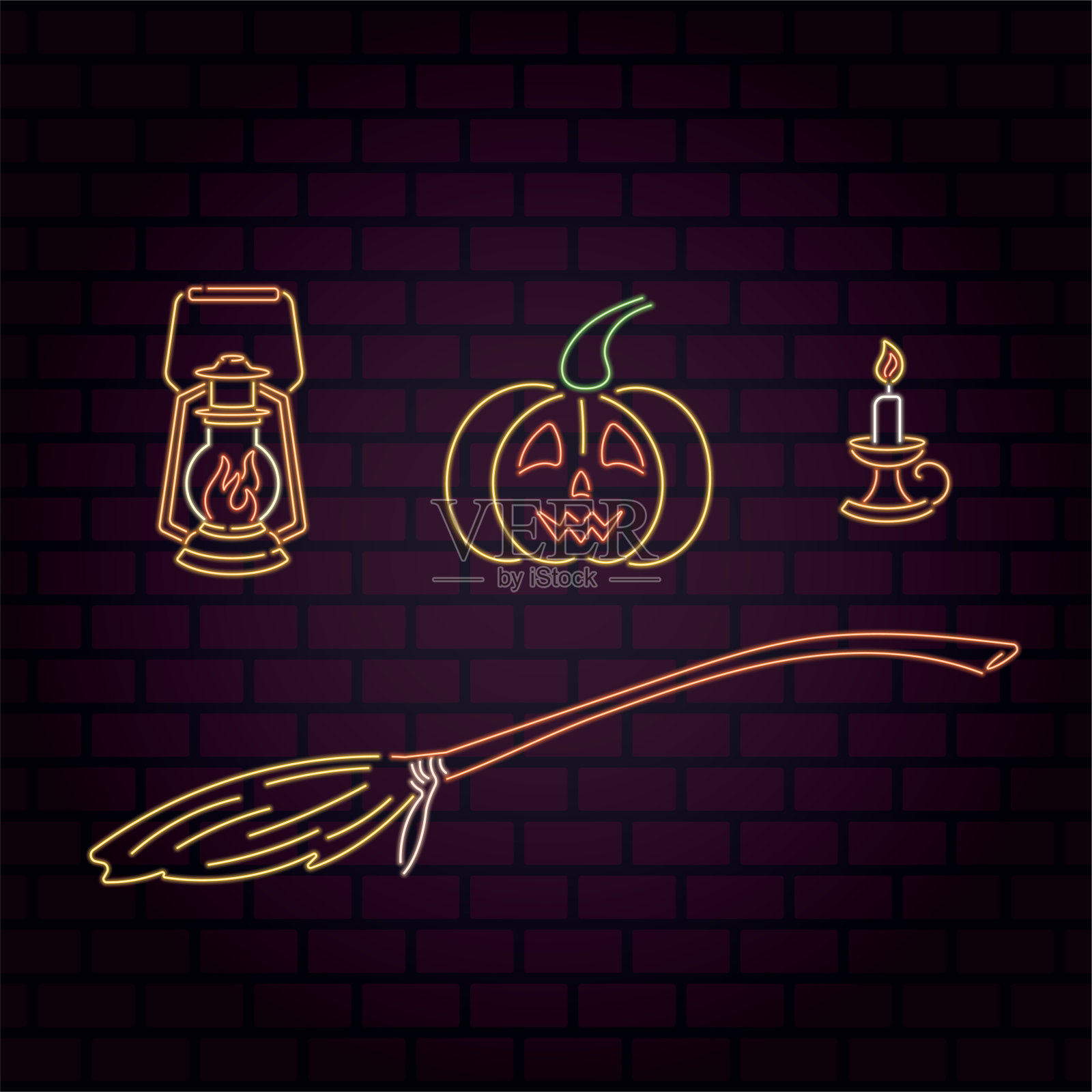 明亮的霓虹灯套装南瓜、扫帚、蜡烛、灯。万圣节黄色、红色的图标集合插画图片素材
