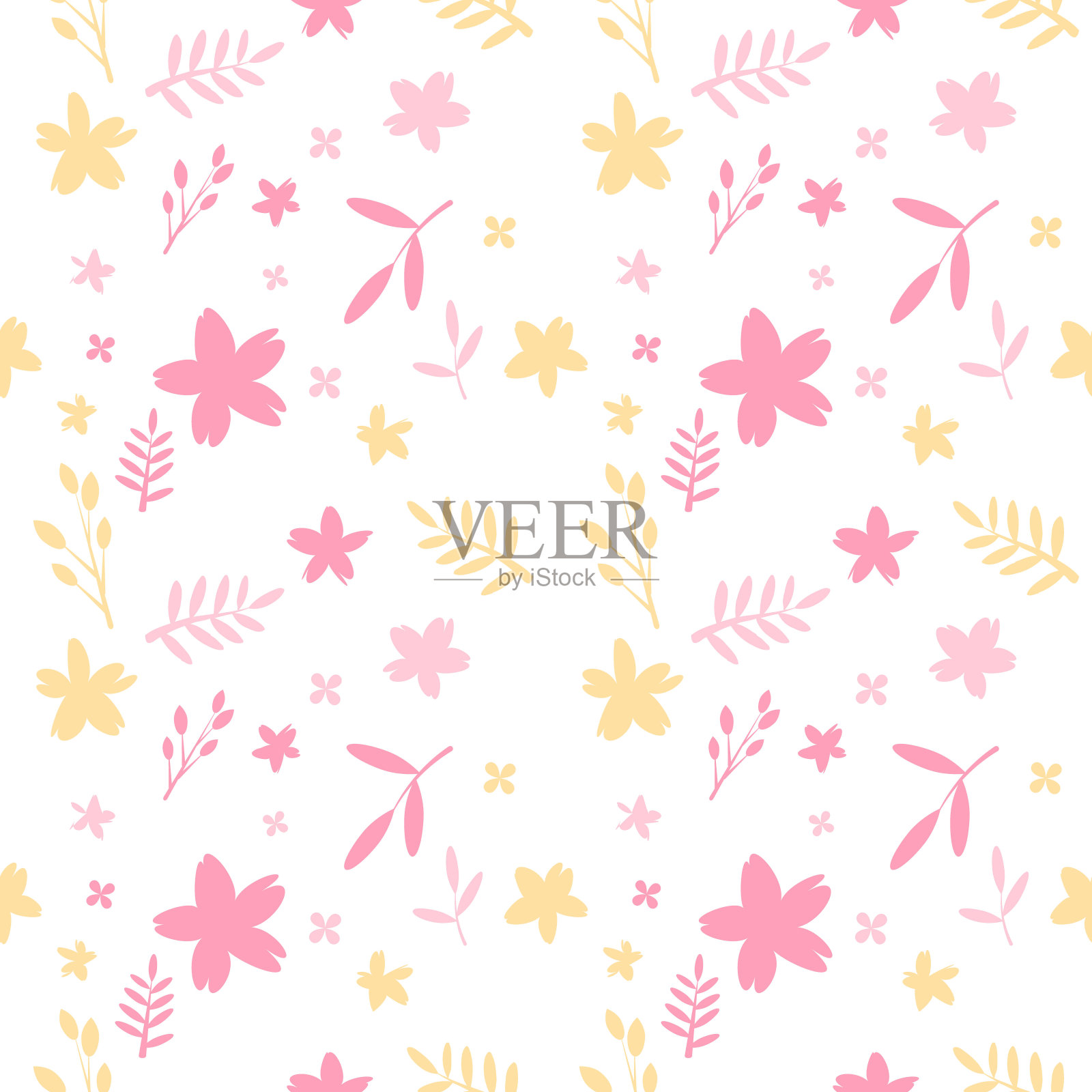 粉红色最小的花和叶子无缝在白色背景的织物图案插画图片素材