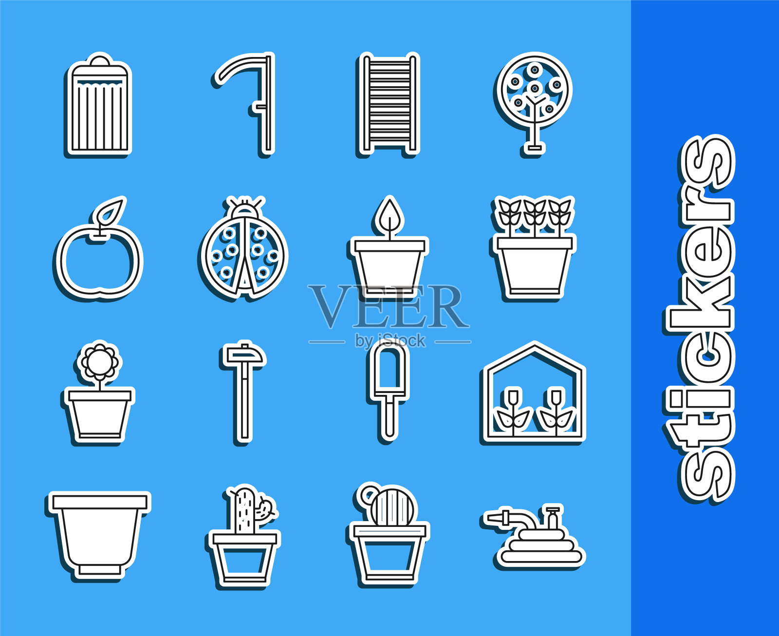 设置线花园软管或消防软管，家庭温室和植物，植物在花盆，木制楼梯，瓢虫，苹果，垃圾桶和图标。向量图标素材