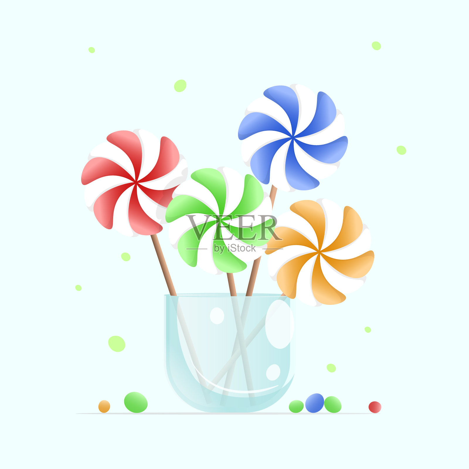 矢量插图的五彩螺旋棒棒糖在一个玻璃烧杯的棍子。圣诞糖果。插画图片素材