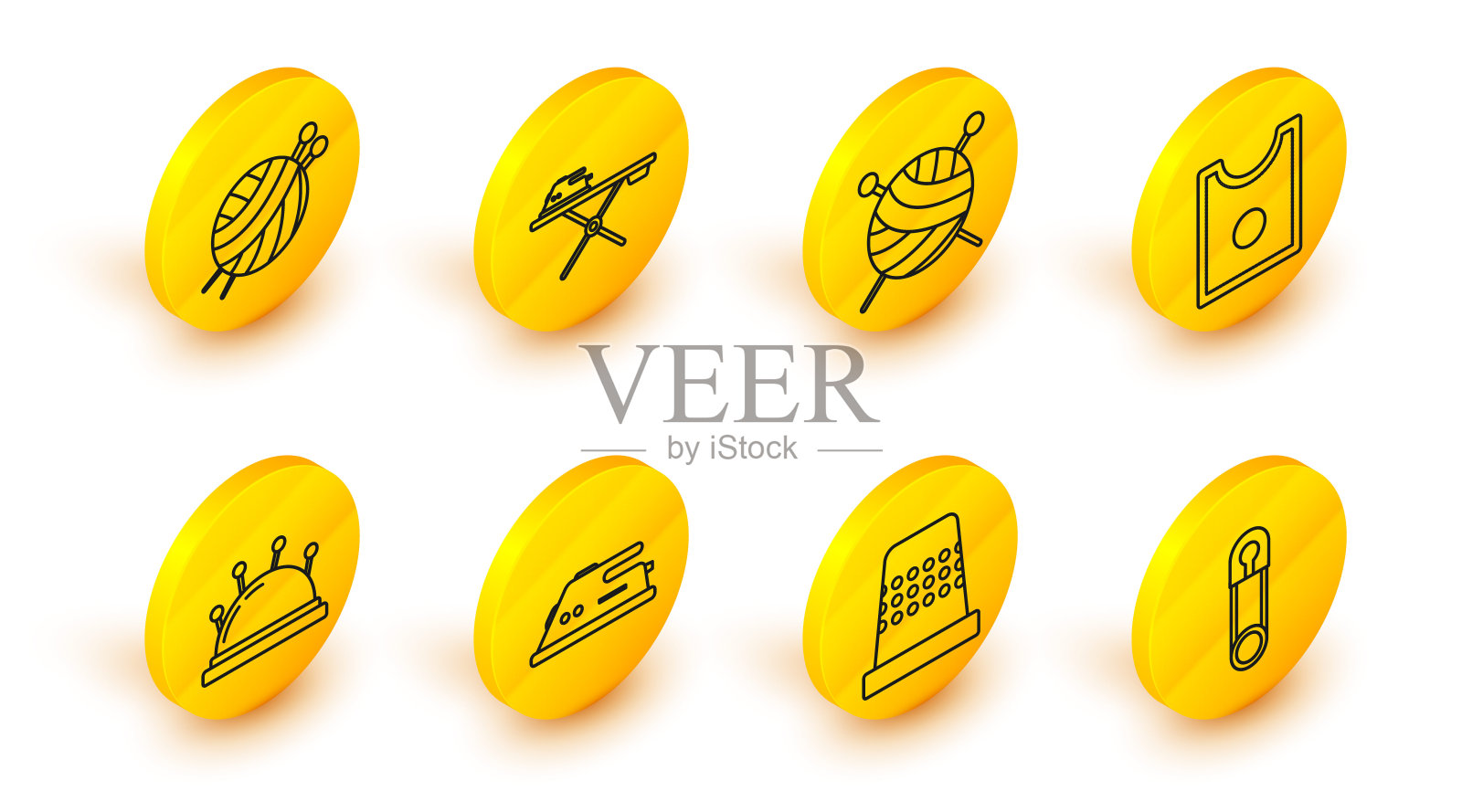 经典闭式钢安全别针，缝纫顶针，电熨斗，针床和针，缝纫图案，针织纱线球，熨衣板和图标。向量图标素材