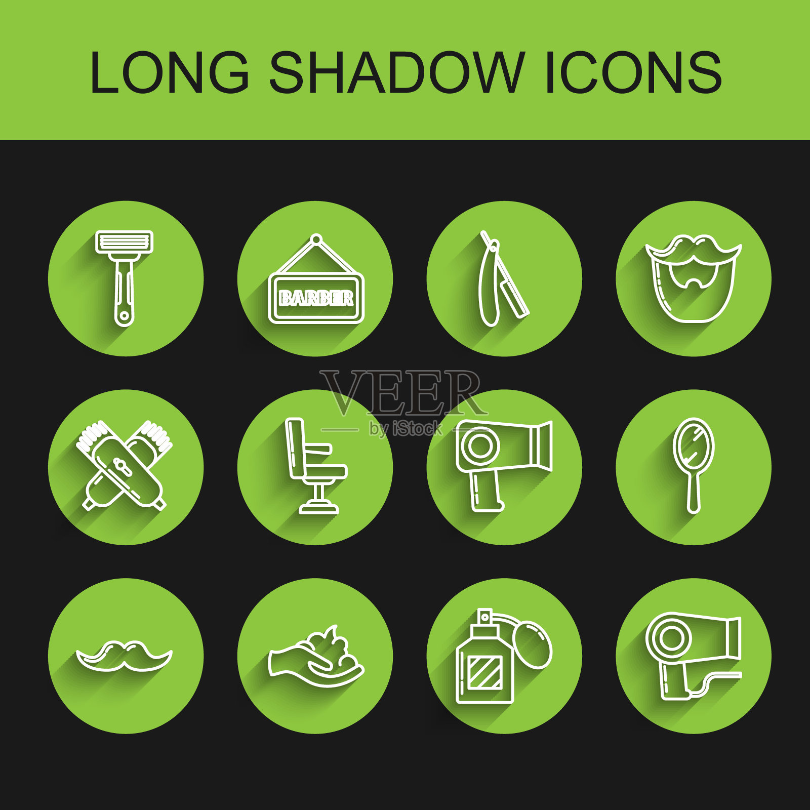 设置线胡子，剃须凝胶泡沫在手，剃须刀，须后水，吹风机，理发店椅子，手镜和图标。向量插画图片素材