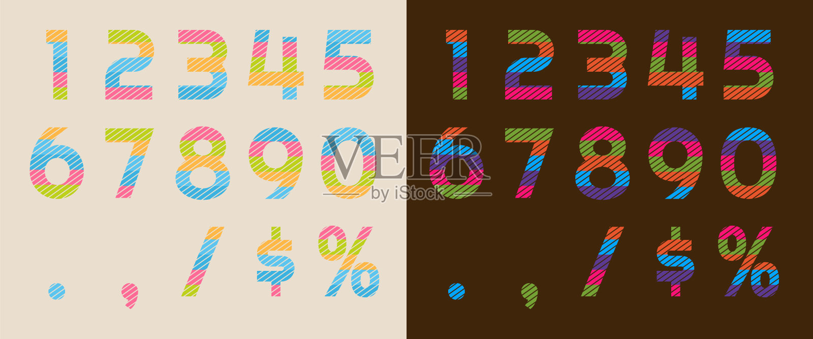 色彩鲜艳的复古平面数字，百分比和美元符号。插画图片素材