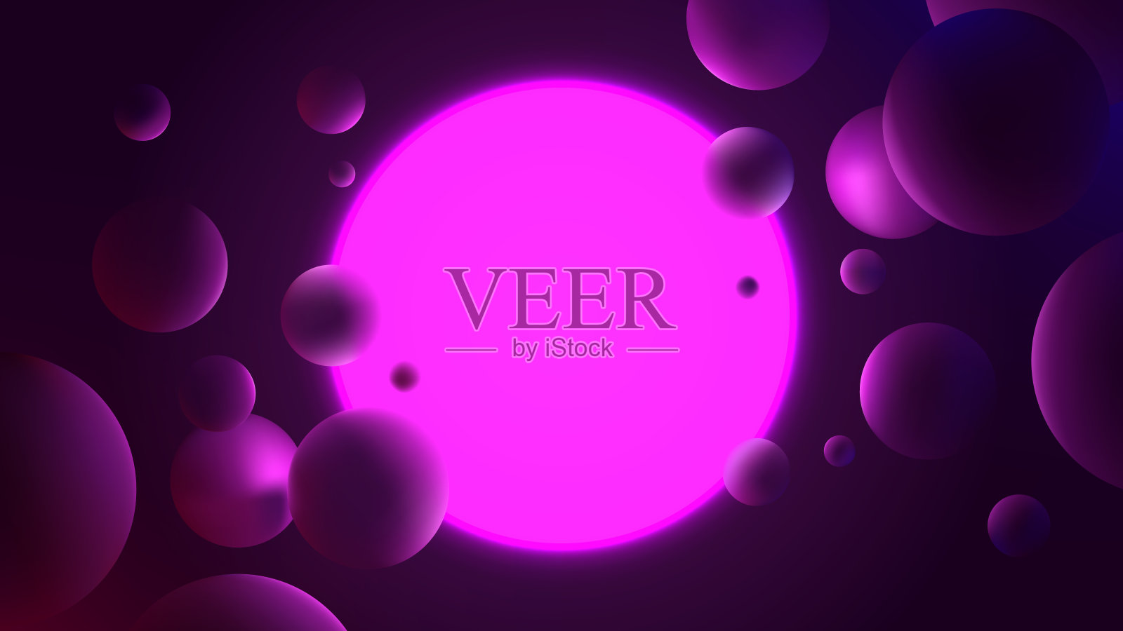 抽象矢量插图与发光紫色圈在黑暗的背景，霓虹灯反射球体，未来主义梯度海报几何形状插画图片素材