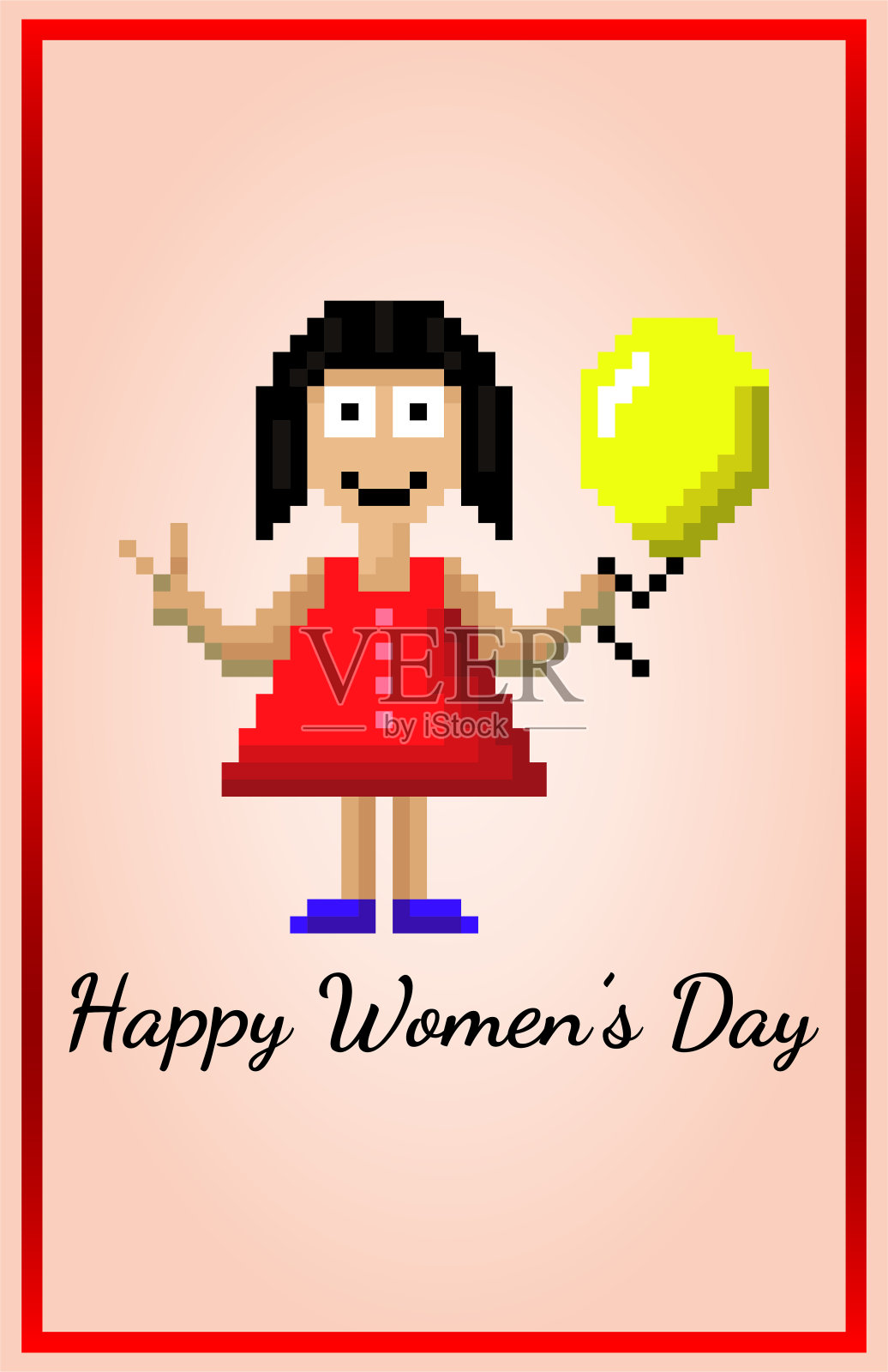 一个穿着裙子的女孩手里拿着一个气球，展示维多利亚的标志。妇女节快乐。矢量图像像素。设计的明信片。插画图片素材