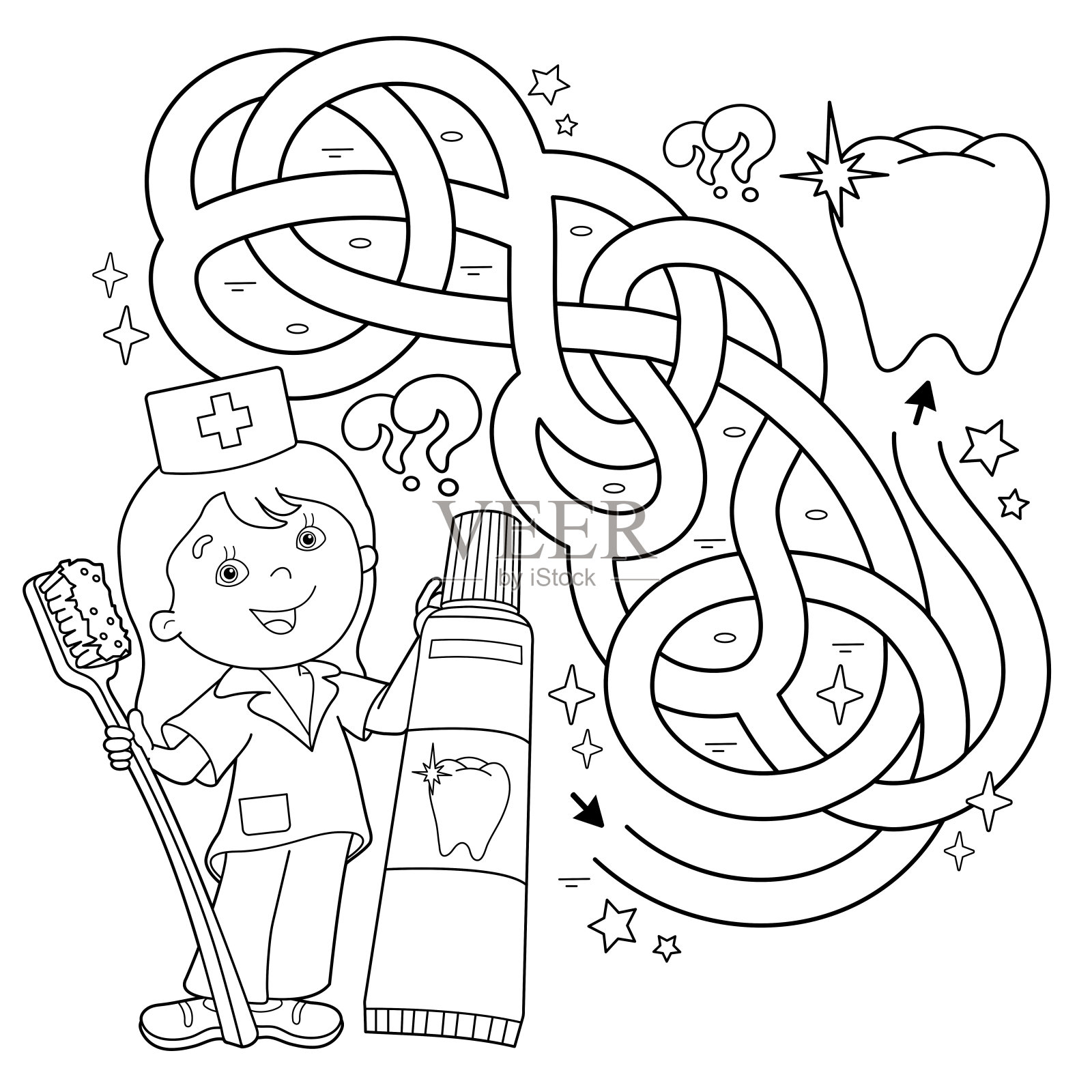 迷宫或迷宫游戏。谜题。错综复杂的道路。涂色页轮廓卡通医生与牙刷和牙膏。儿童涂色本。插画图片素材