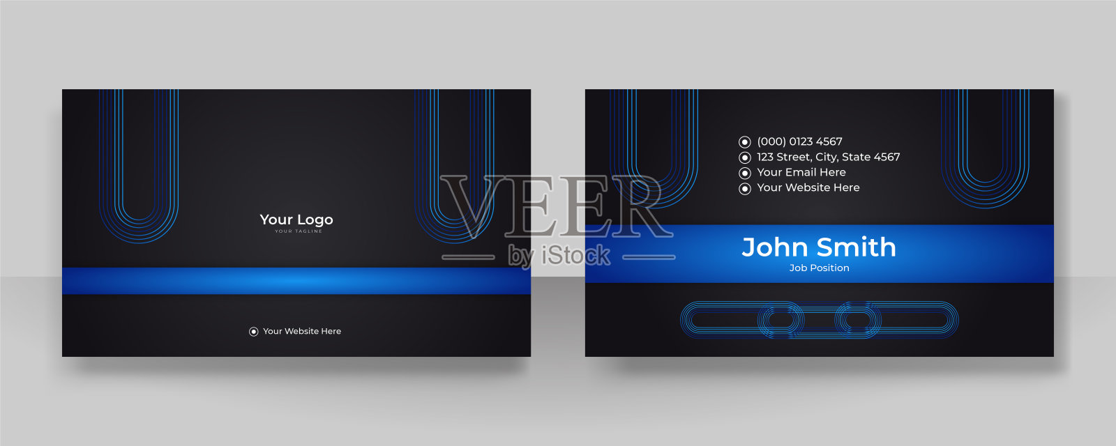 现代简约的蓝色名片设计与优雅的图案。几何装饰艺术的创意洁净概念。矢量插图打印模板。设计模板素材