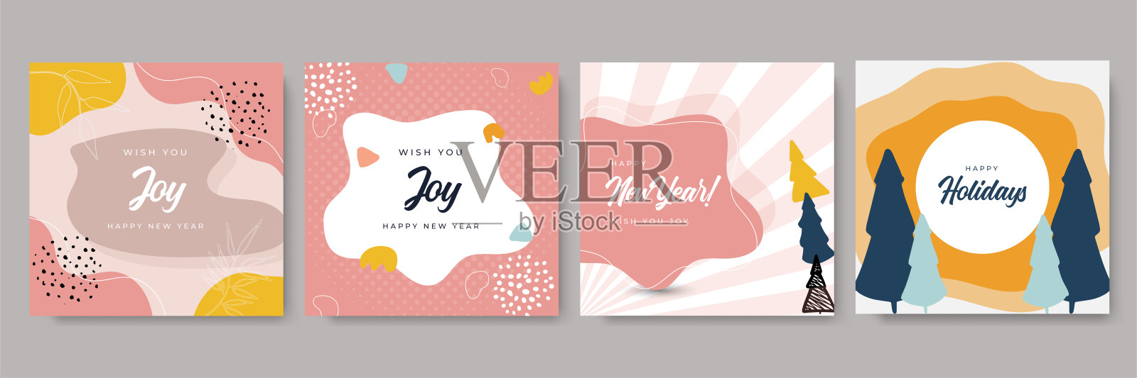 快乐而明亮的公司节日贺卡。现代抽象创意普遍艺术模板的驯鹿，圣诞树，鸟，花卉框架和背景。新年贺卡快乐。设计模板素材