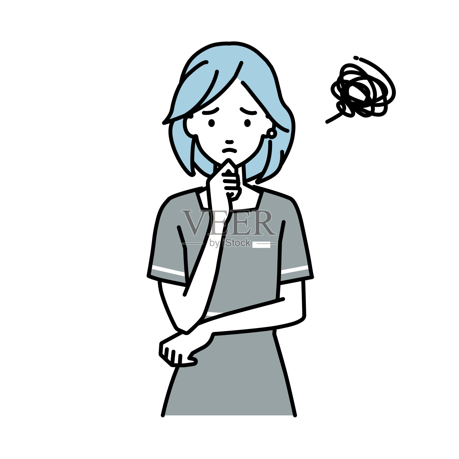 一个用手指托着下巴站着的女美容师插画图片素材