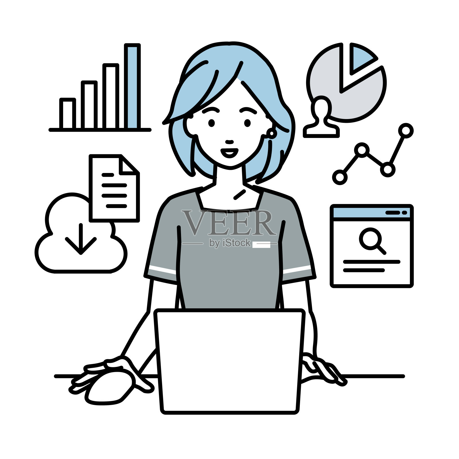 一名女美容师使用笔记本电脑浏览网站，研究，共享云文件，分析，并在她的办公桌上做报告插画图片素材