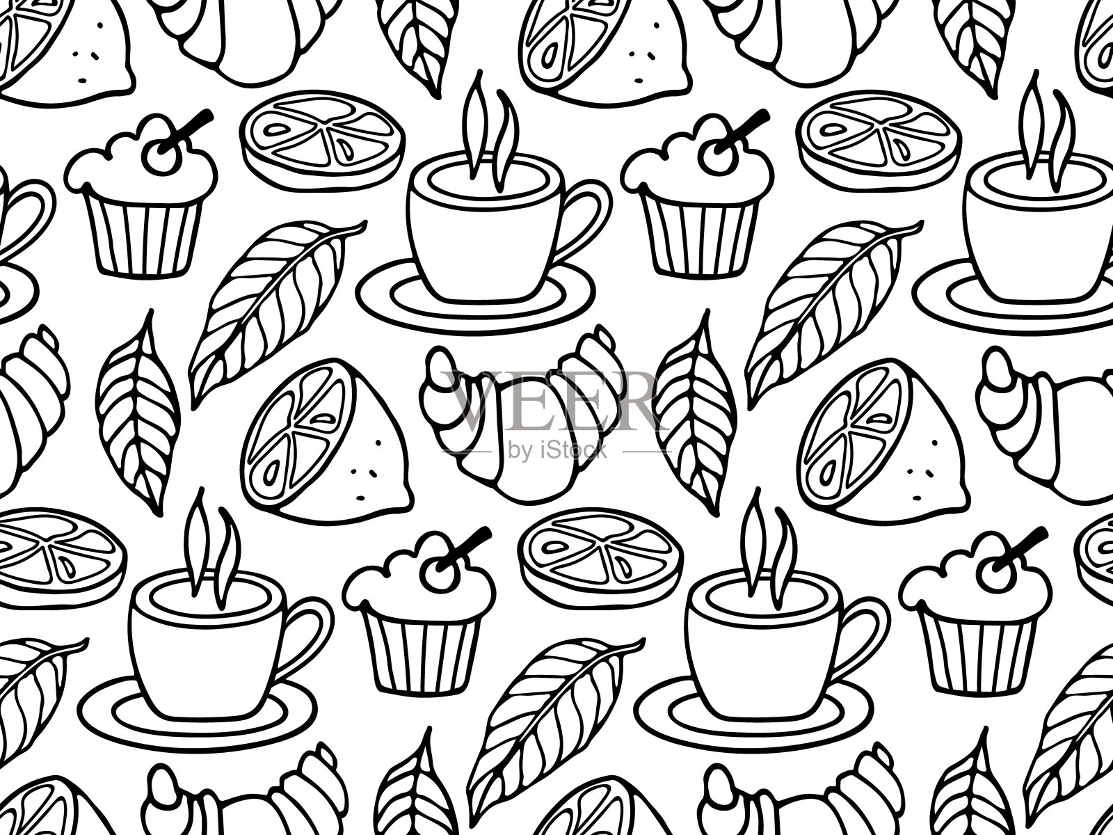 茶无缝模式。一杯茶，树叶，柠檬，小蛋糕，羊角面包素描背景。为印刷，墙纸，包装，包装，纺织品，剪贴簿的黑色的白色卡通向量。国际茶日插画图片素材