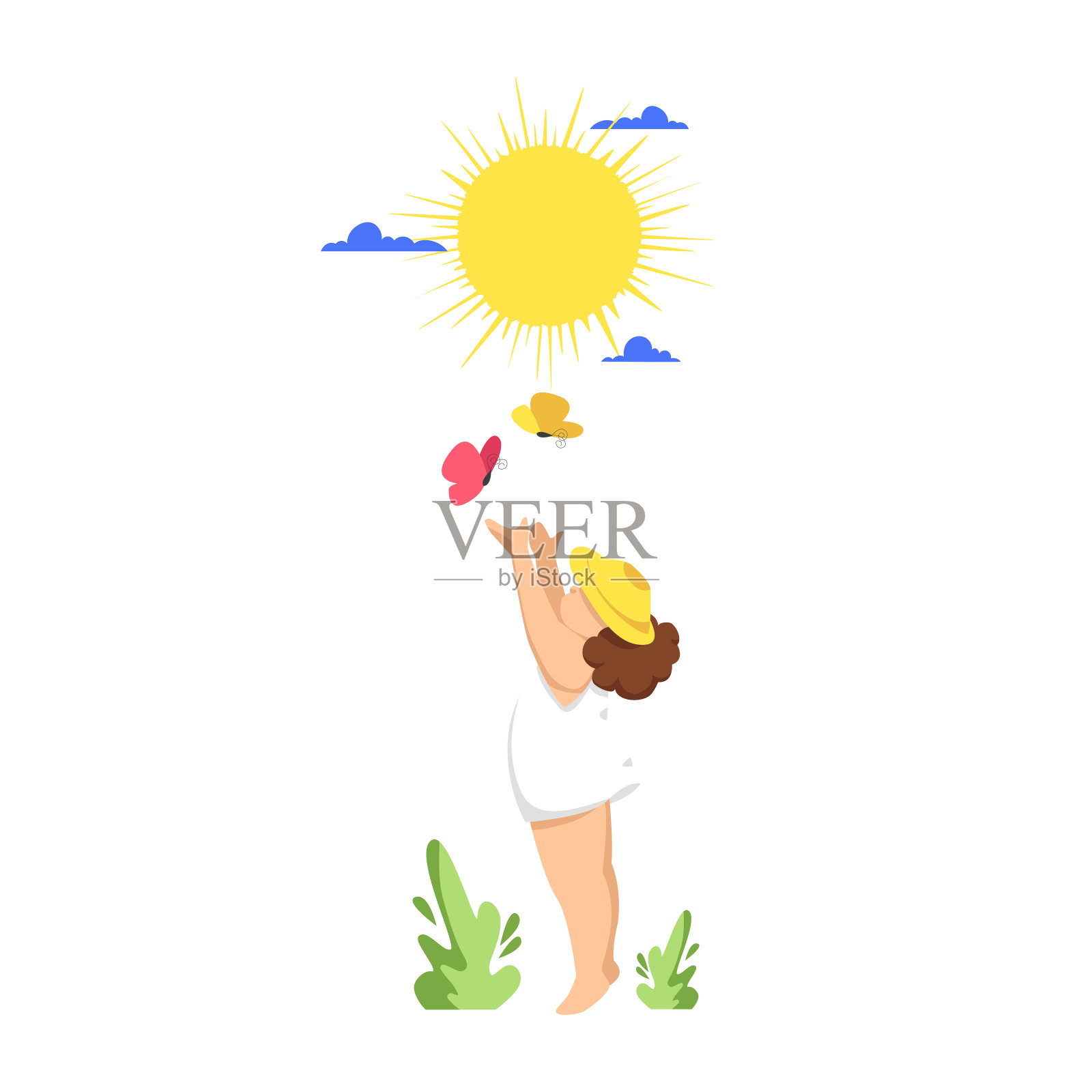 一个小的孩子。一个穿裙子的女孩。一个孩子在夏天。矢量图插画图片素材