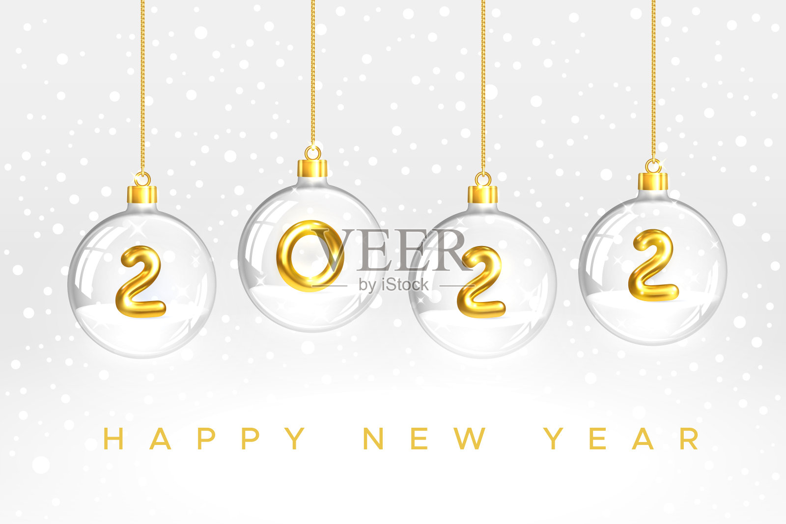 2022年新年快乐。悬挂透明玻璃圣诞球，里面有雪花和金色数字2022。孤立在白色的。为节日海报，横幅，封面插画图片素材