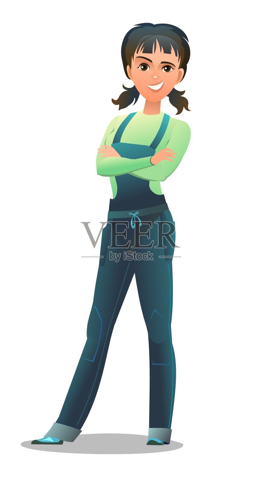 女人穿着工作服。服务的女孩。勤杂工、锁匠或修理工。开朗的人。站立姿势。漫画风格扁平化设计。单个的字符。插图孤立在白色背景上。向量插画图片素材