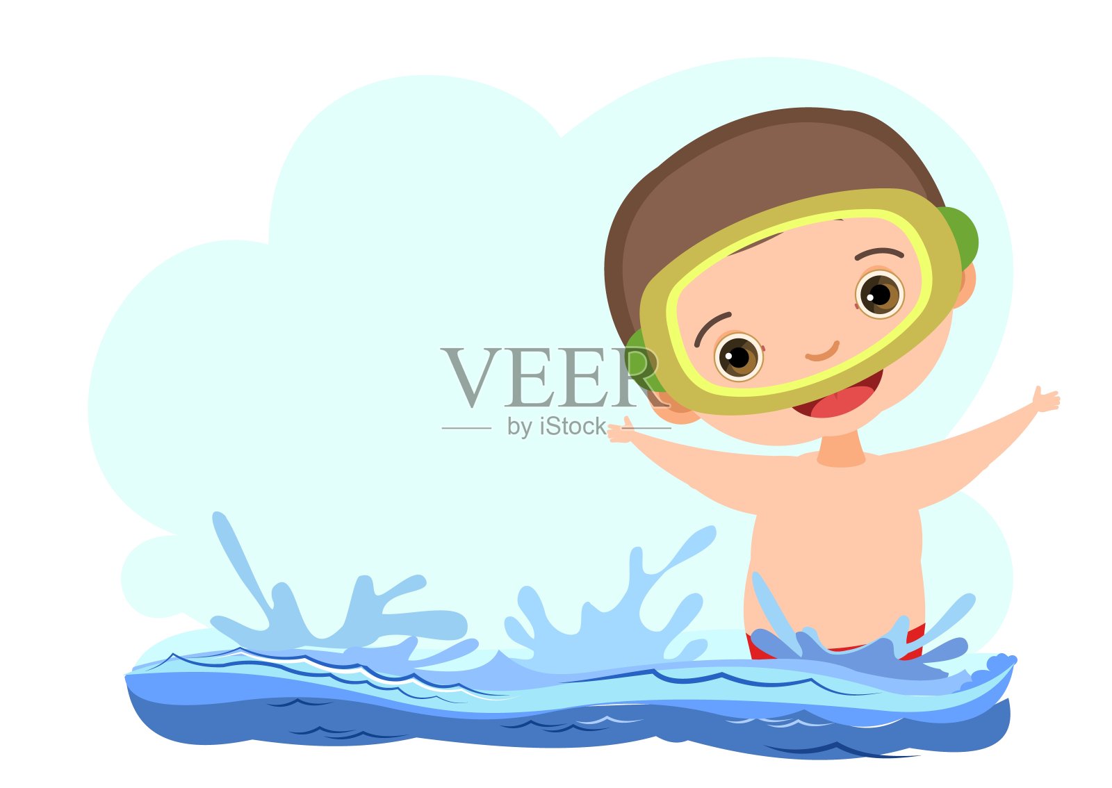 男孩玩得很开心。波浪的水，河，海或海洋。游泳、跳水和水上运动。池。孤立在白色背景上。漫画风格的插图。平面设计。矢量艺术插画图片素材