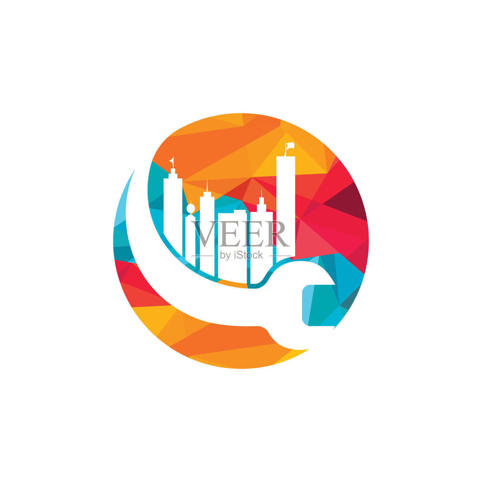 楼宇维修公司标志模板。扳手和建筑图标矢量设计。插画图片素材