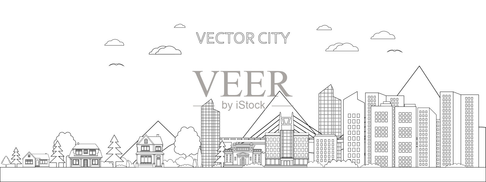 向量海报与城市景观在线艺术风格。有摩天大楼和桥梁的现代城市全景。插画图片素材