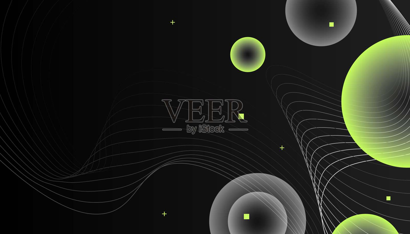 摘要黑色绿色背景与三维圆形球体形状。插画图片素材