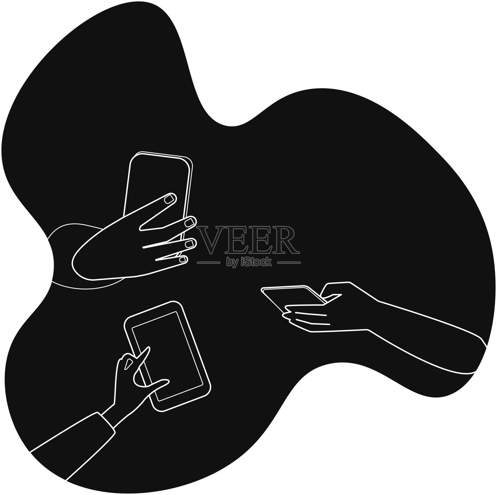 手拿着智能手机。黑白插图简单的风格或手绘。现代技术。插画图片素材