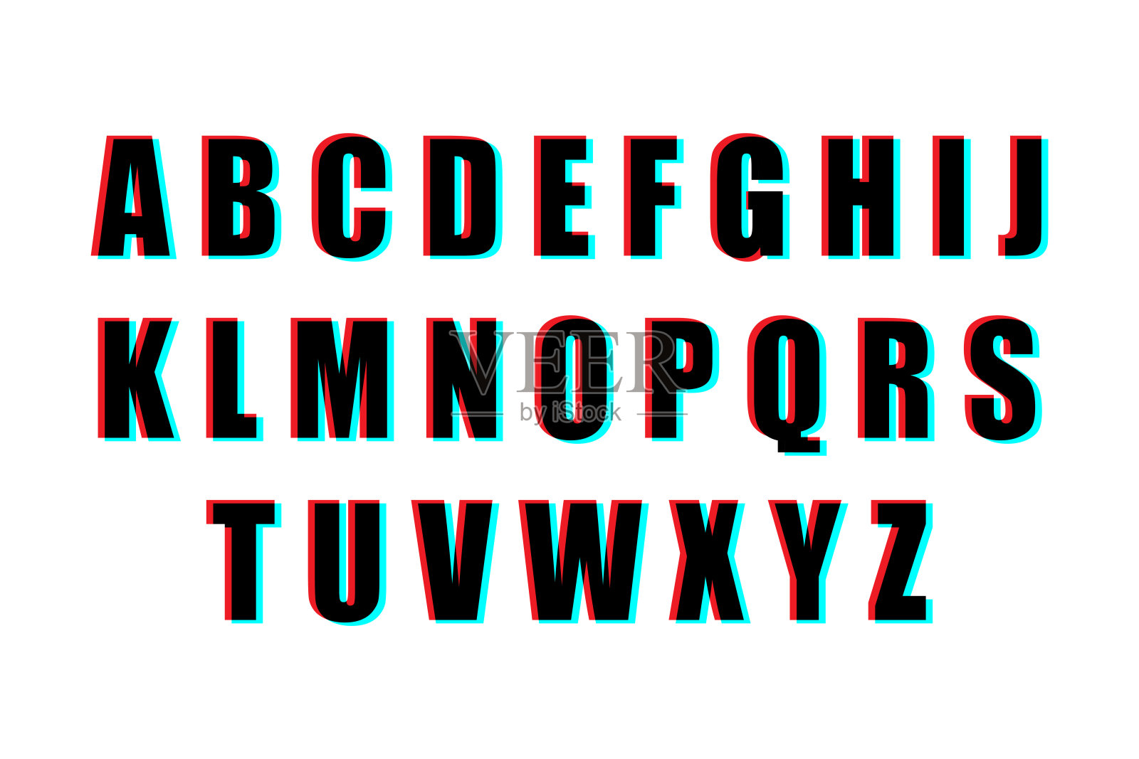 在白色背景上的一组字母。3 d效果字体。红蓝的迹象。插画图片素材