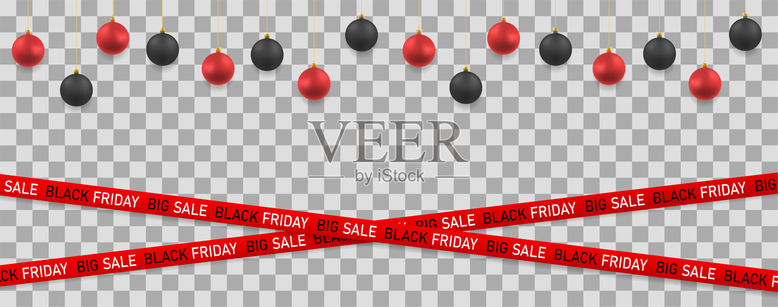 在透明的背景上为黑色星期五出售的圣诞球和红丝带。“黑色星期五”的概念插画图片素材