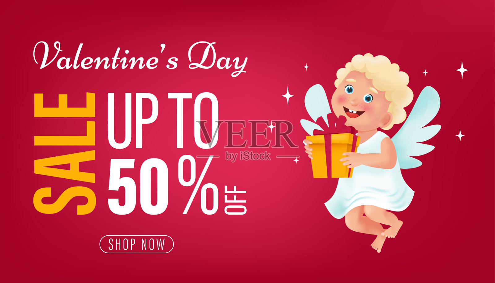 印有可爱卡通丘比特的情人节促销横幅。矢量模板为网站，海报，广告，优惠券，促销，传单，凭证或其他设计模板素材