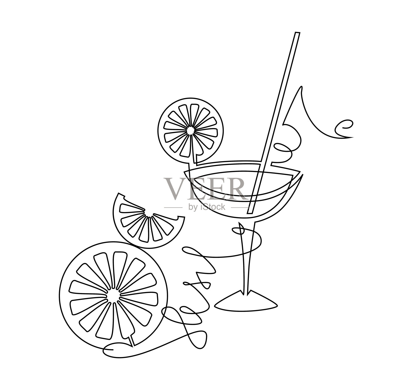 一杯加柑橘角的鸡尾酒。连续的线条画。矢量插图。插画图片素材
