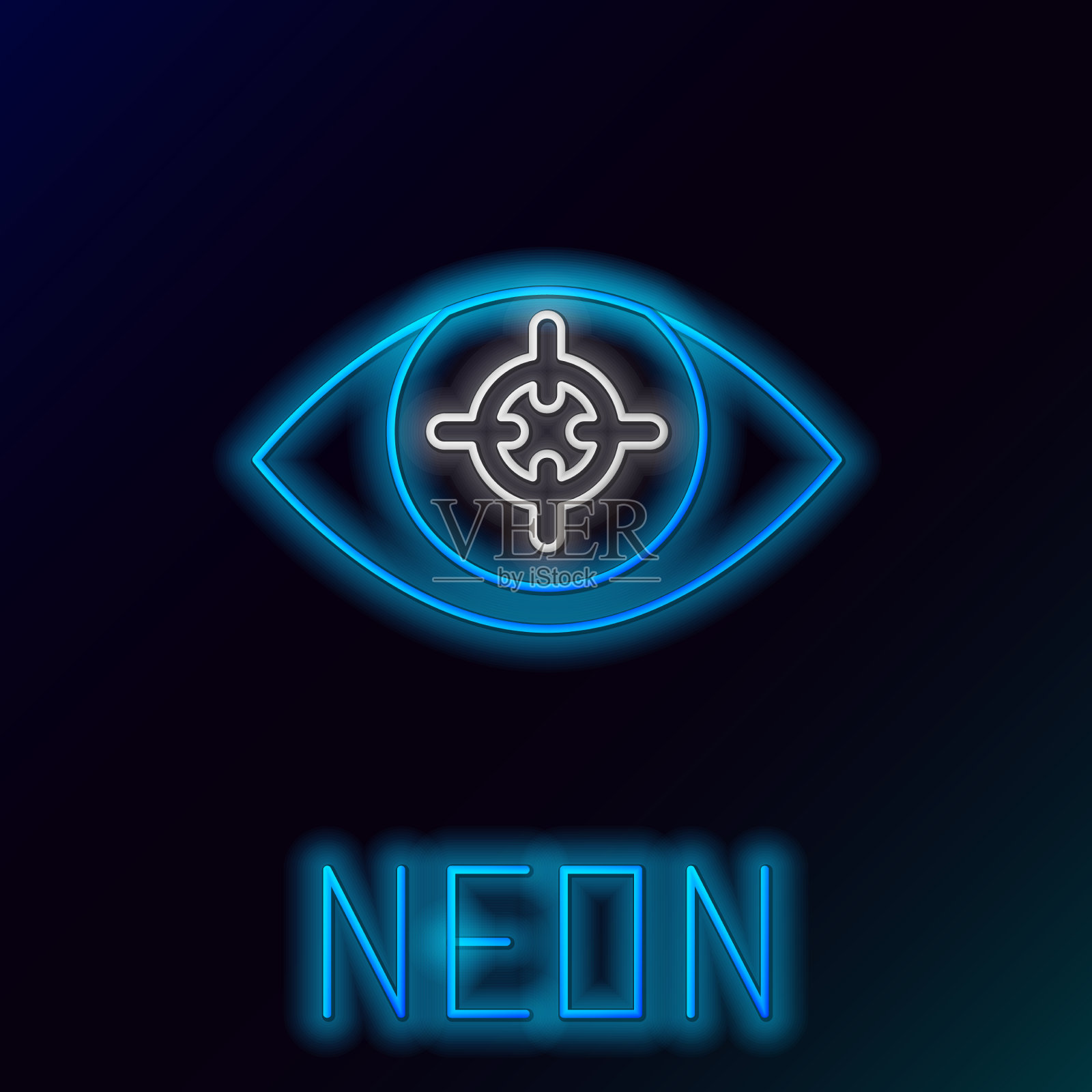 发光的霓虹灯线眼睛扫描图标隔离在黑色插画图片素材