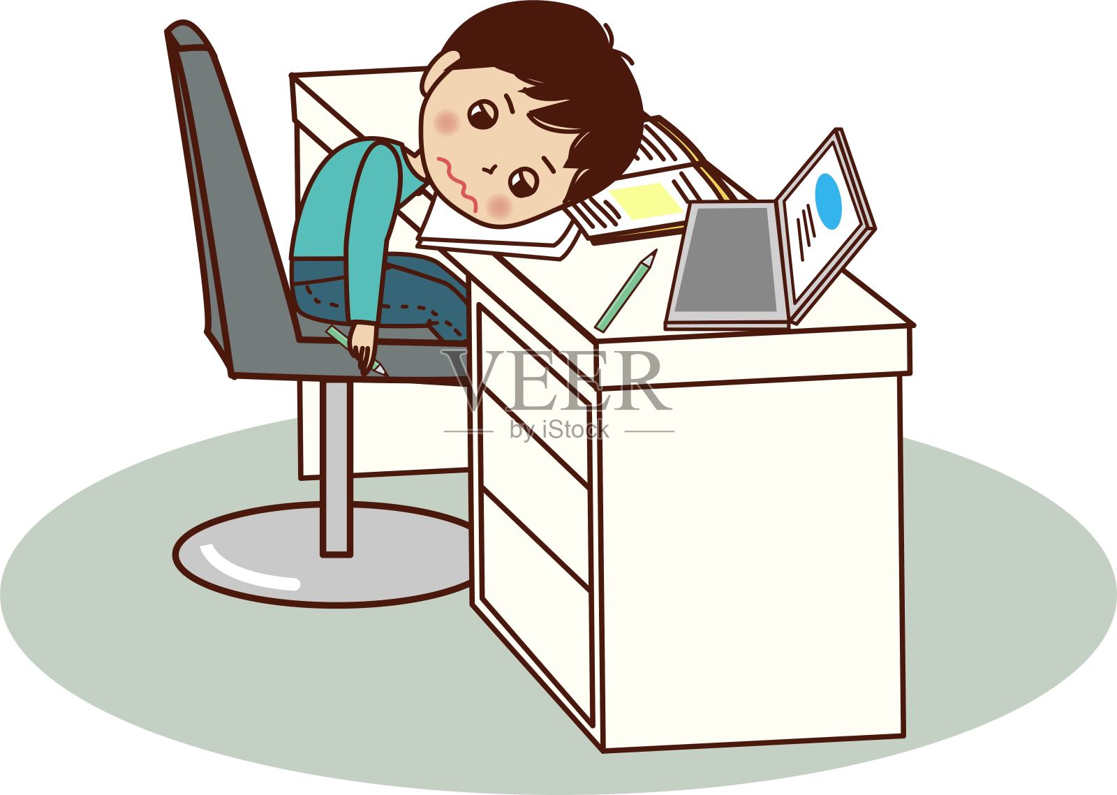 一个年轻人躺在书桌上，一边学习一边叹气。设计元素图片