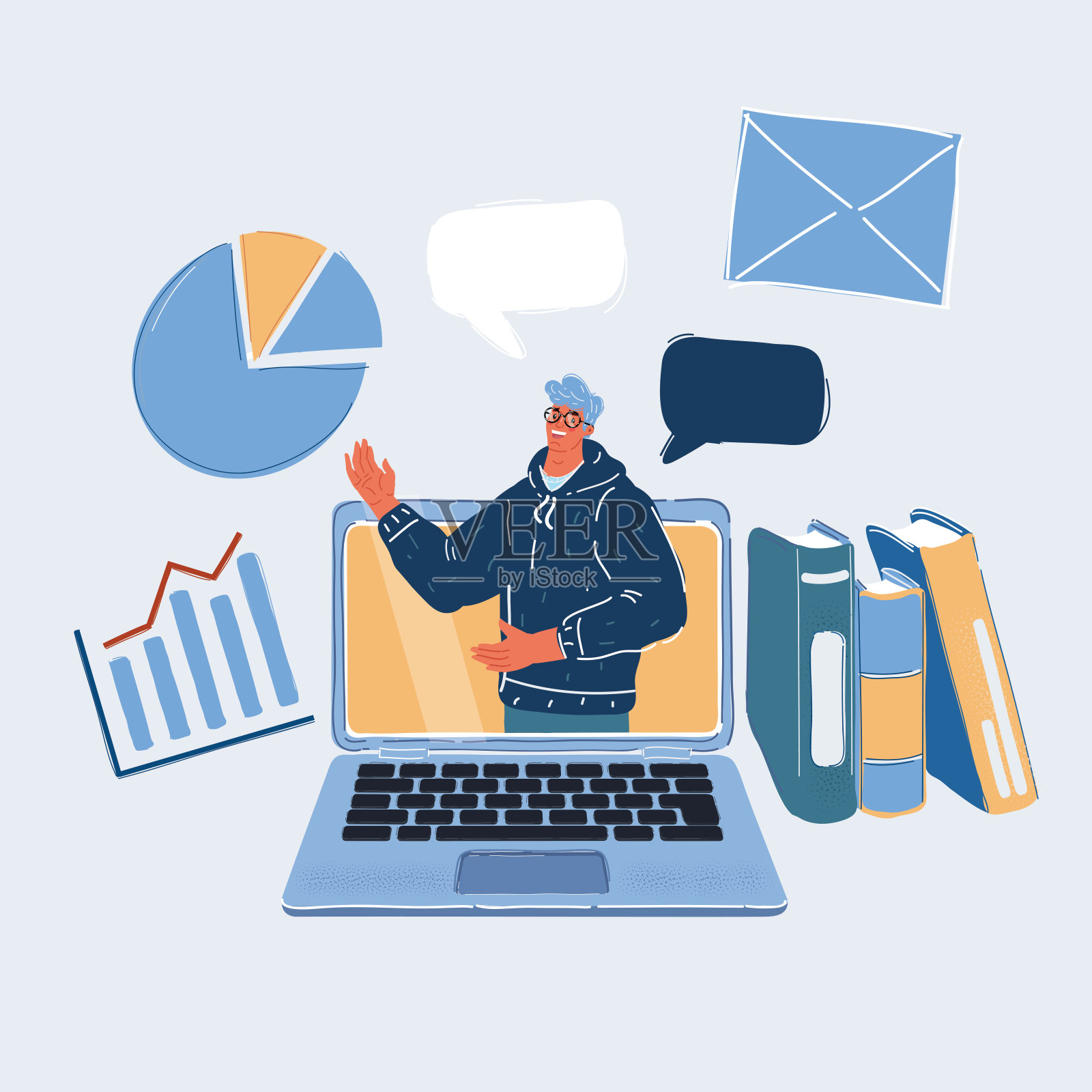 演讲者在网上会议上发言的矢量图。在线培训。老师用白色背景讲课插画图片素材