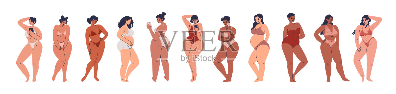 美丽丰满的女人集合。孤立的胖妞们穿着不同的泳衣，拿着手机。孕妇、妈妈、自信害羞的模特在白色背景下摆姿势。插画图片素材