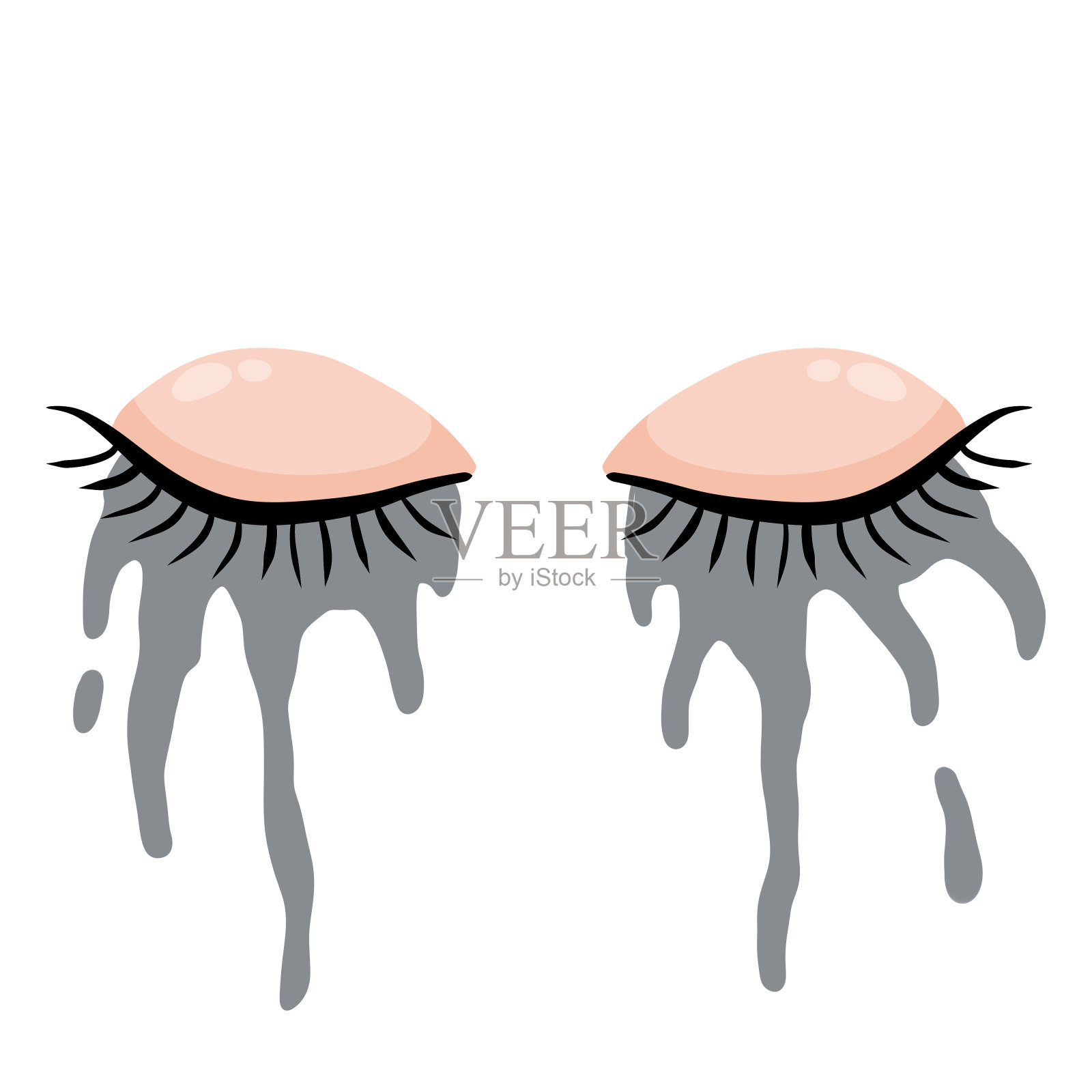 两个哭泣的眼睛。涂睫毛膏。脸上的黑墨水化妆品。闭上眼睑，长着睫毛。压力和挫败感。平的卡通设计元素图片
