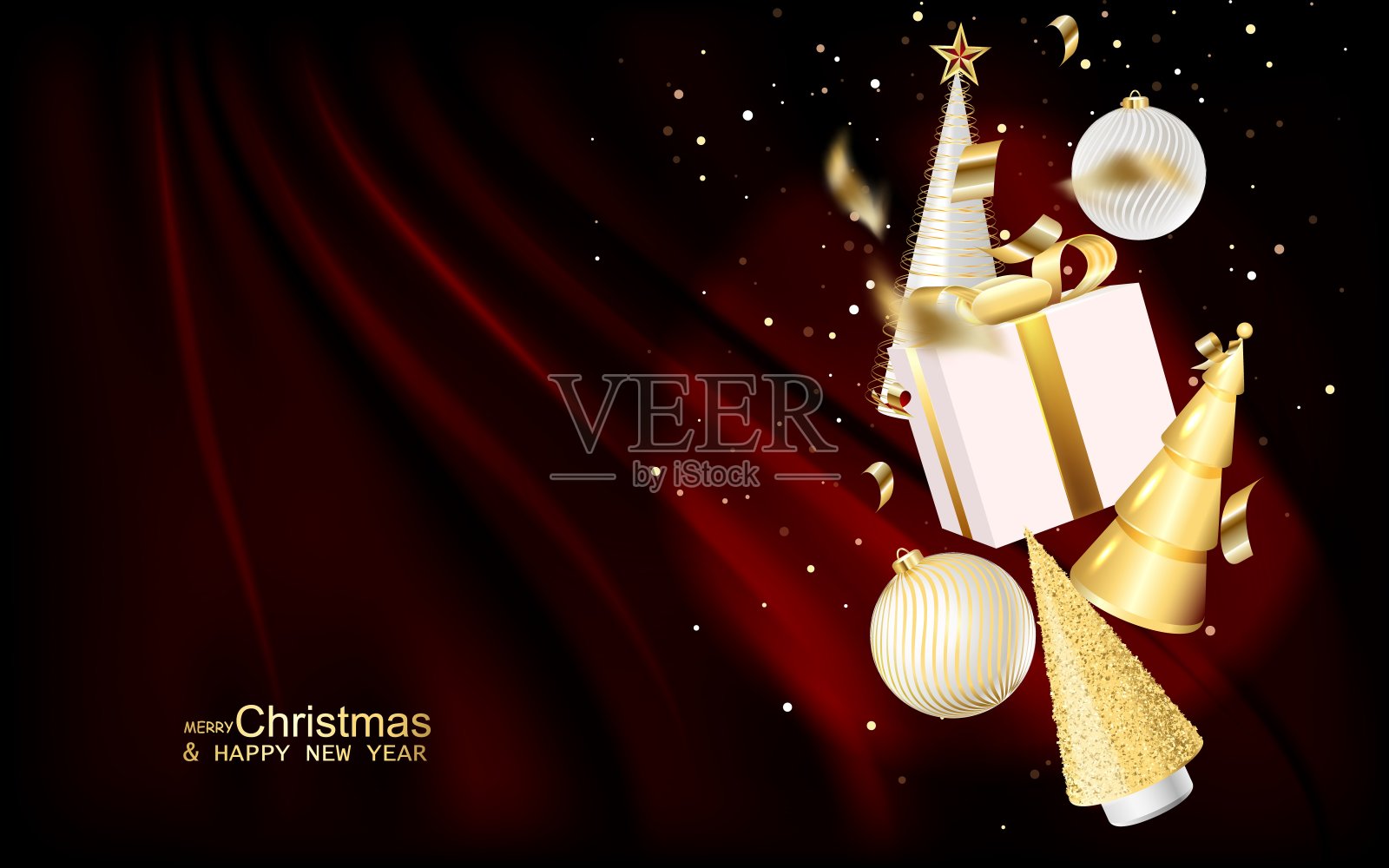 圣诞快乐手工假日背景。红色产品讲台与白色和金色圣诞装饰在红色背景。设计模板素材