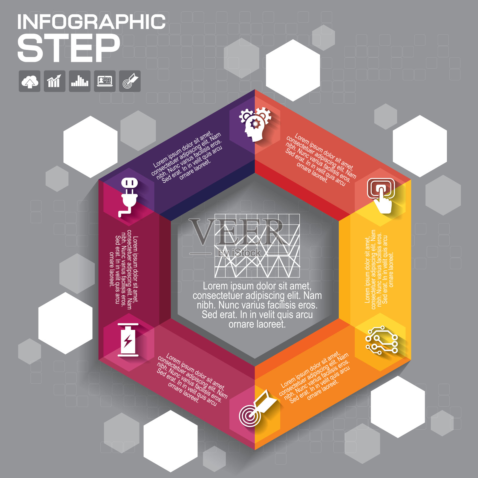 具有6个选项、部分、步骤或流程的业务概念。可用于工作流布局，图表，数字选项，网页设计。插画图片素材