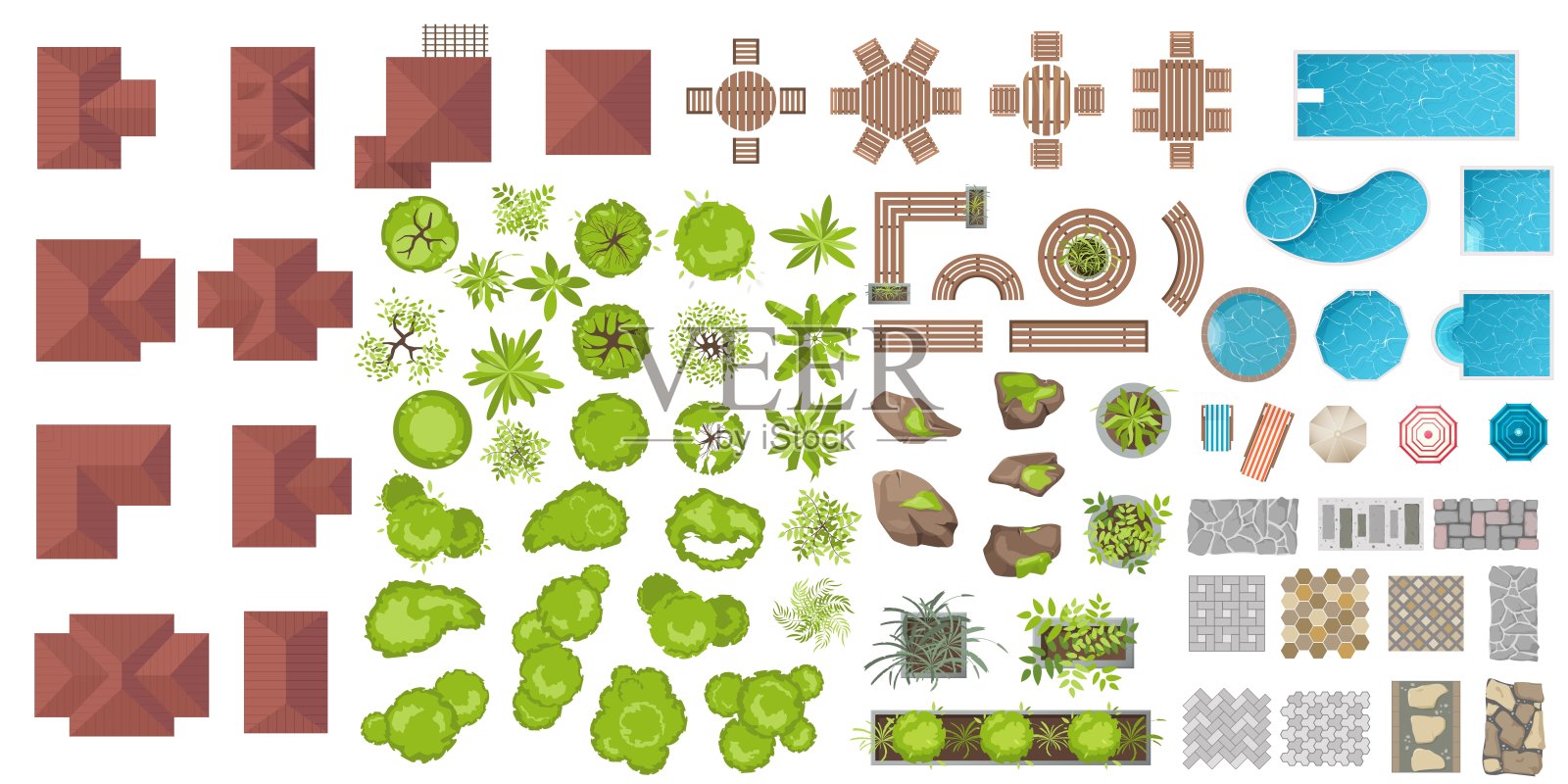 设置建筑和景观元素，俯视图。收藏房屋、植物、花园、树木、游泳池、户外木制家具、瓷砖。平面向量。表、长凳、椅子。从以上观点。插画图片素材