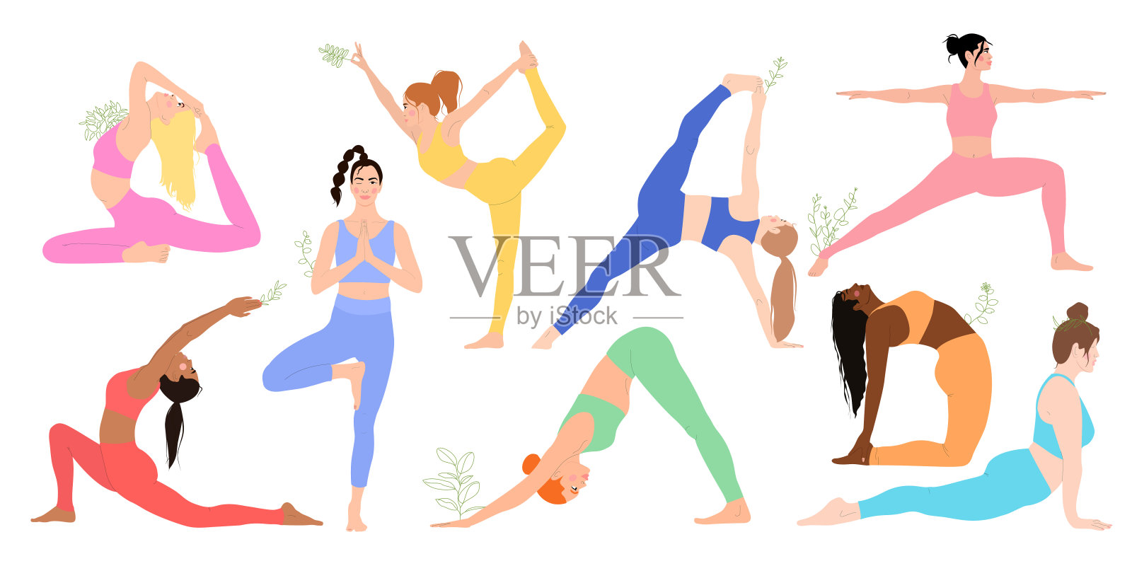 女人在不同的瑜伽体式矢量插图。不同的女人做瑜伽。隔离在白色背景上插画图片素材
