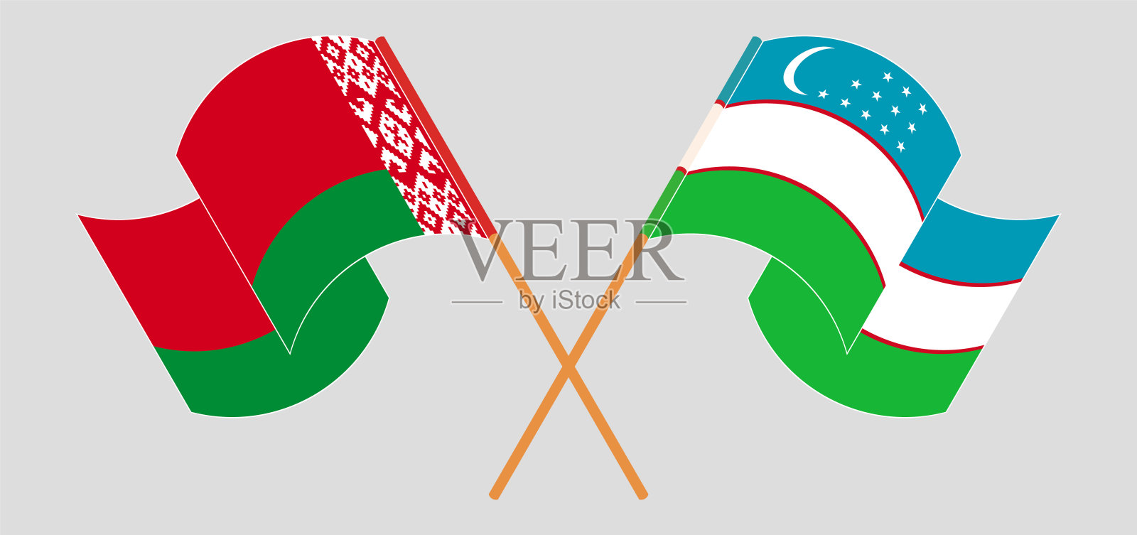白俄罗斯和乌兹别克斯坦国旗交叉飘扬插画图片素材