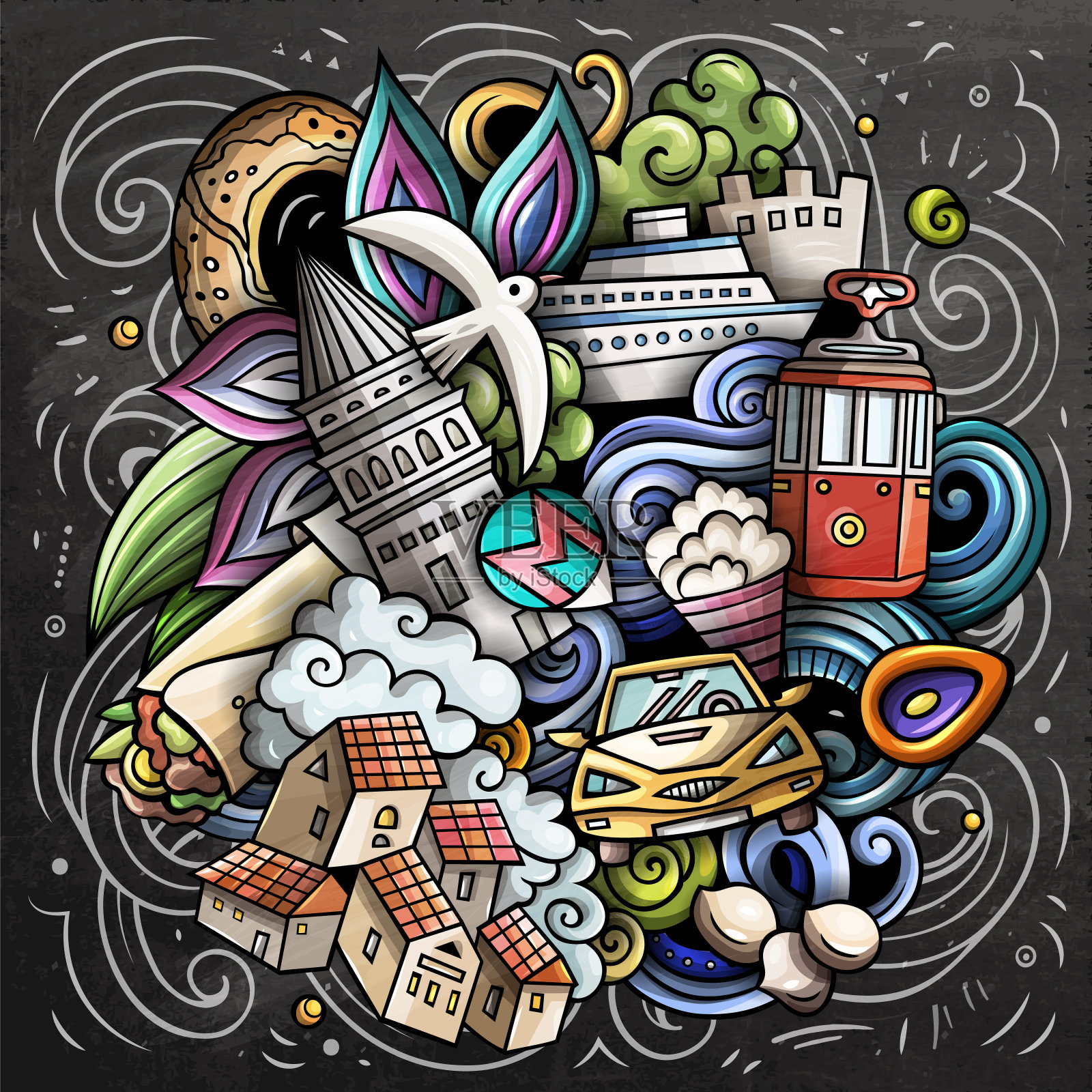 伊斯坦布尔卡通矢量涂鸦黑板插图插画图片素材