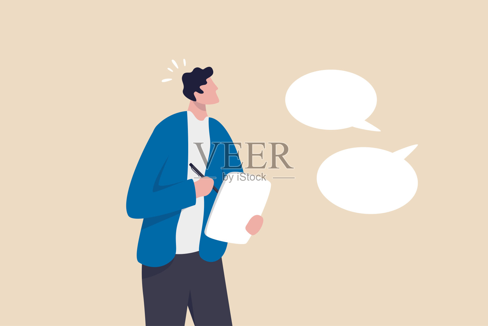 做会议笔记或会议纪要，总结或总结，教育讲座或写重要信息概念，自信商人在会议中做笔记的同时听他人信息插画图片素材