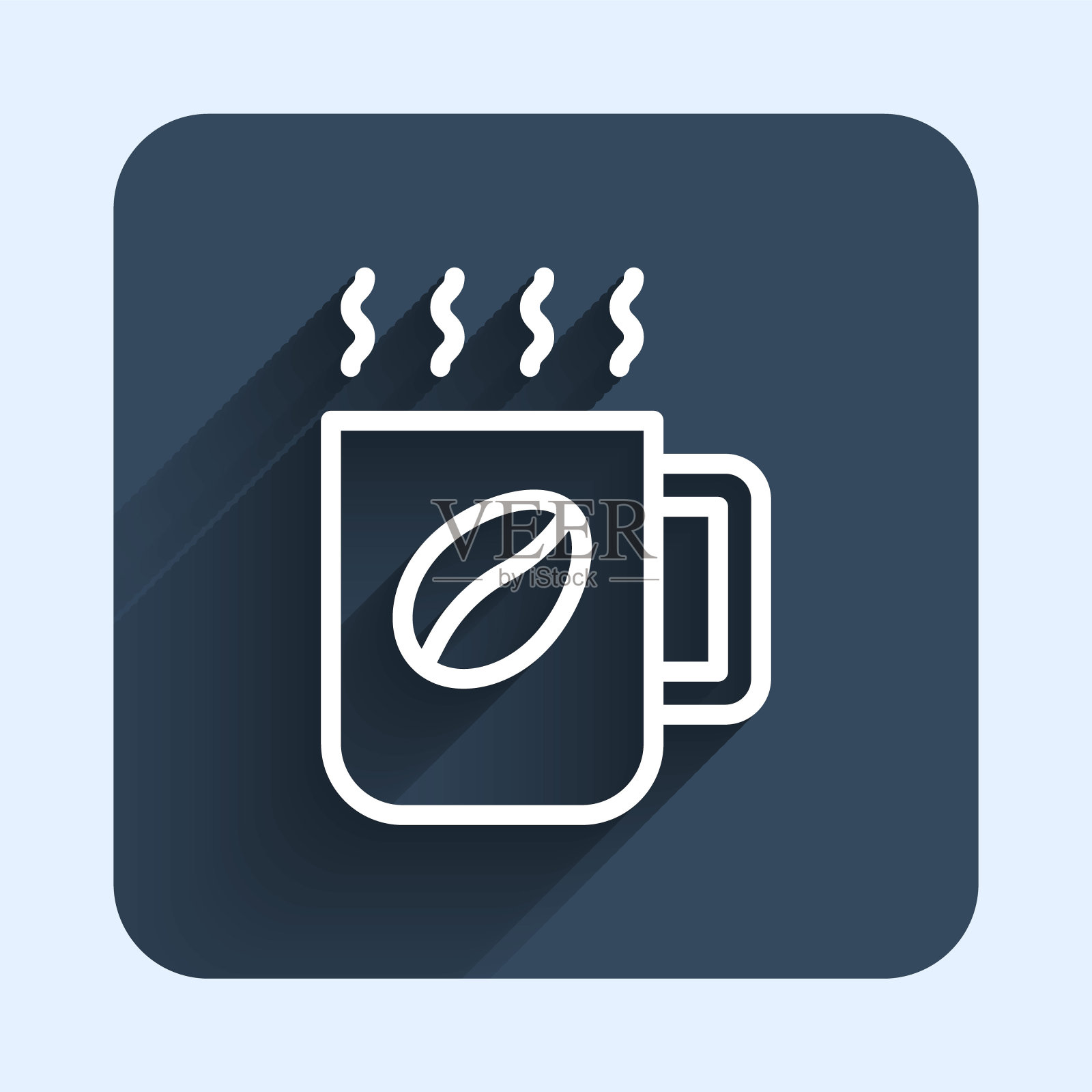 白线咖啡杯图标孤立与长阴影背景。茶杯。热喝咖啡。蓝色方块按钮。向量图标素材