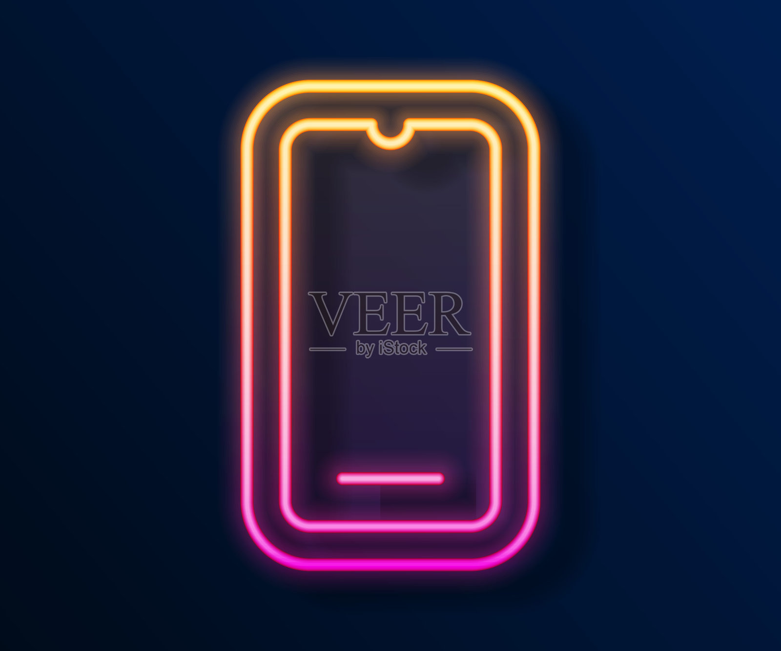 发光的霓虹灯线智能手机，手机图标孤立在黑色的背景。向量插画图片素材