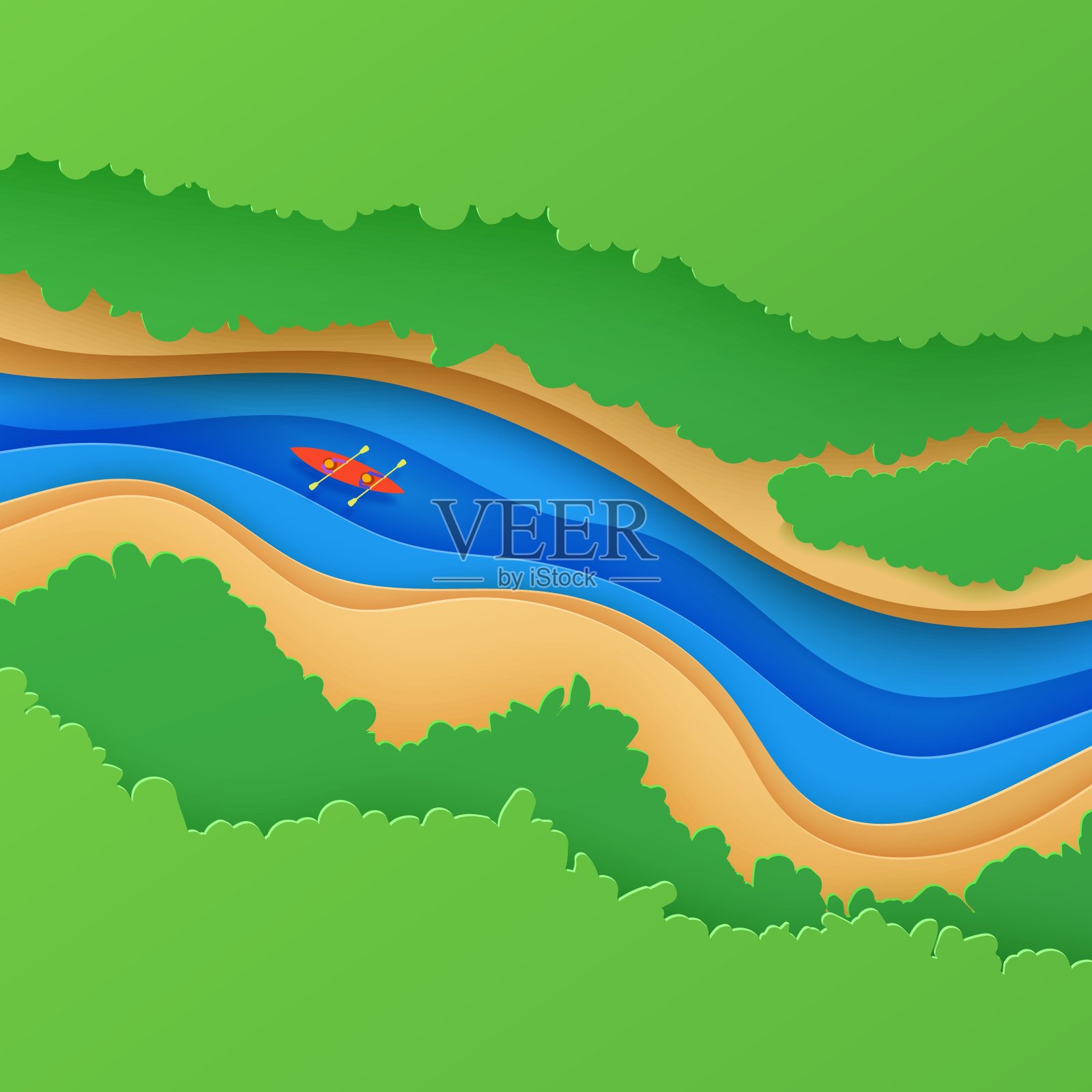 俯视图景观剪纸风格。生态旅游3d背景与鸟瞰河流绿树和皮划艇。矢量卡插图的极限漂流运动度假冒险剪纸艺术插画图片素材