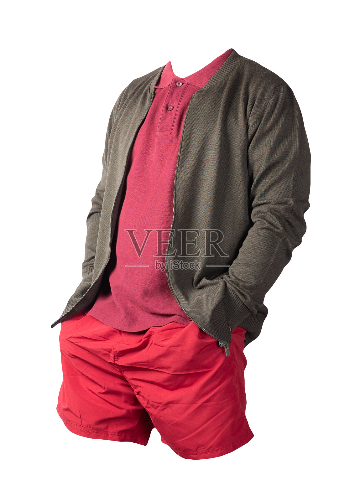 男士飞行员夹克，衬衫和运动短裤孤立在白色背景。照片摄影图片