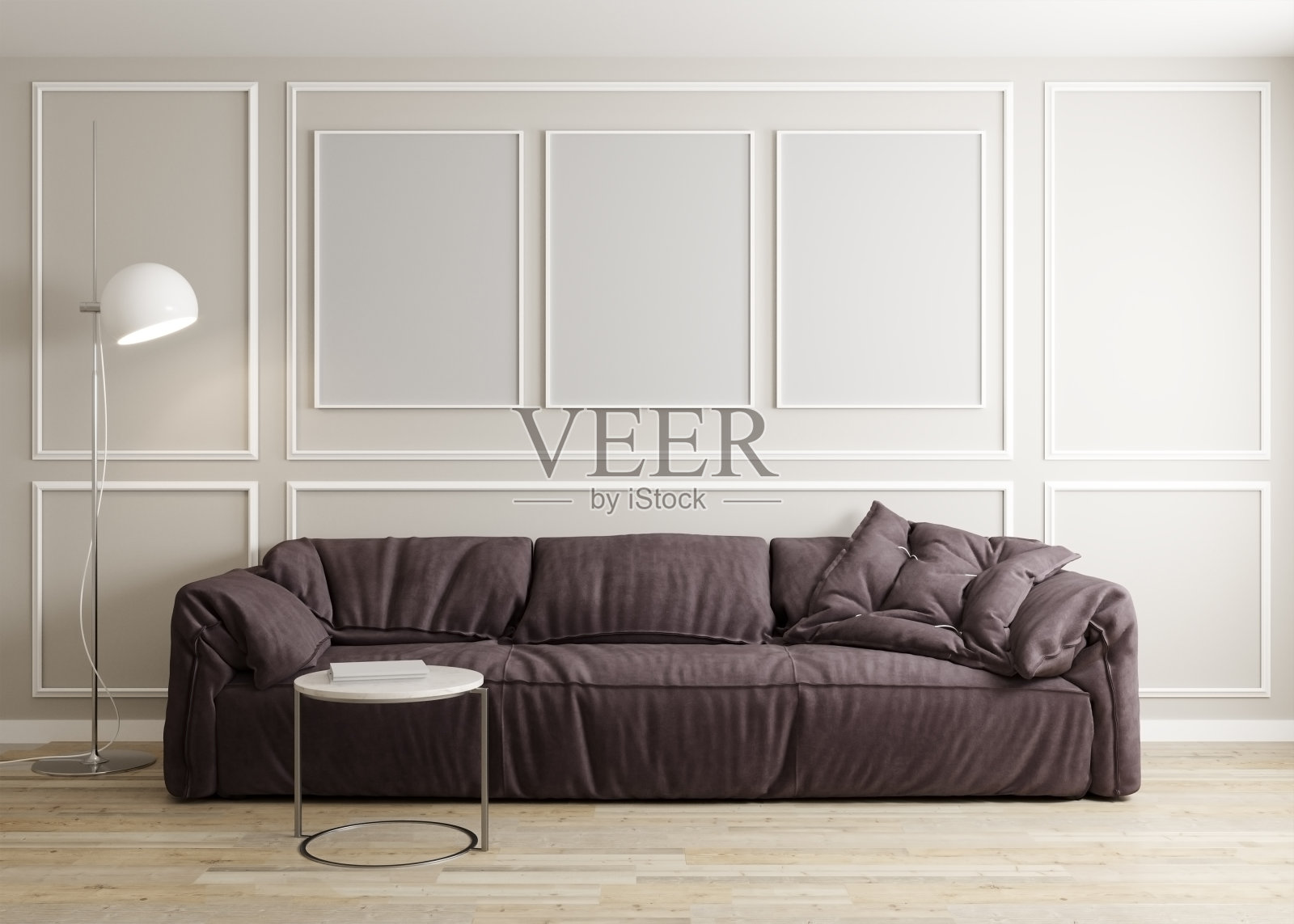 时尚明亮的客厅内饰，配有沙发、落地灯和茶几装饰。客厅室内模型。三个空框架。三维渲染照片摄影图片