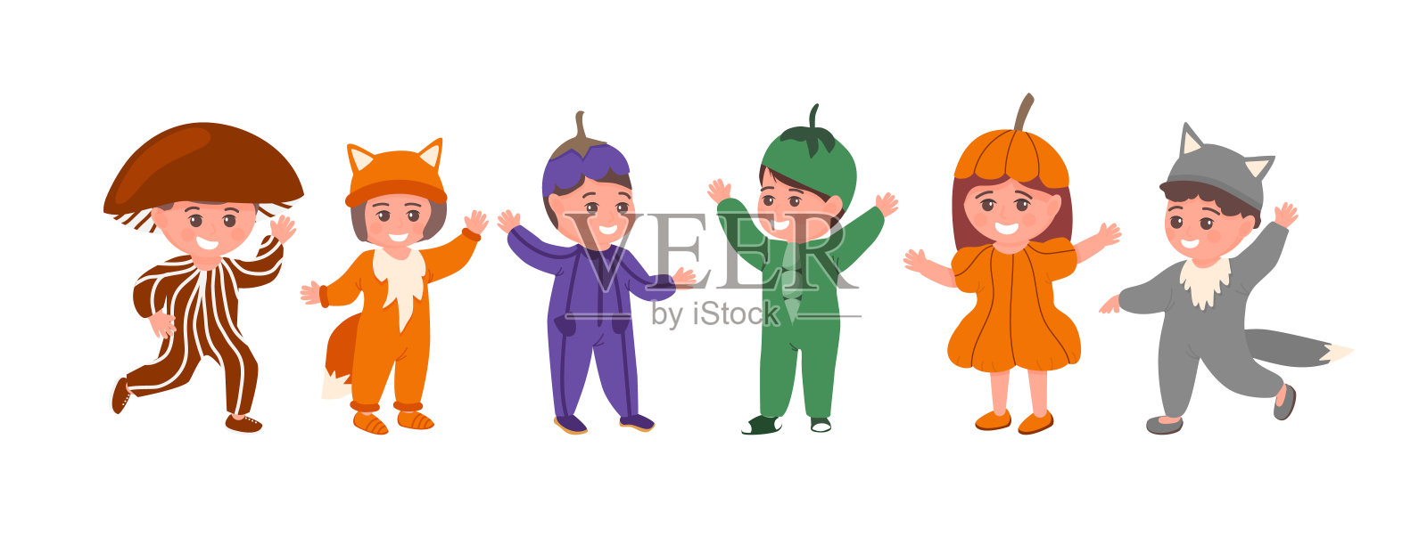 一组孩子在有趣的动物或蔬菜服装孤立的平面矢量插图。快乐的孩子们庆祝嘉年华。可爱的女孩和男孩穿着万圣节派对的衣服。设计元素图片