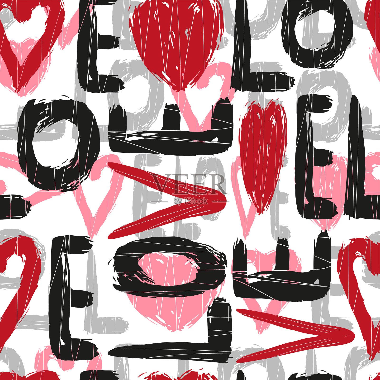 美丽的黑色文字爱和红心孤立在白色的背景。可爱的文字无缝图案。矢量平面图形手绘插图。纹理。插画图片素材