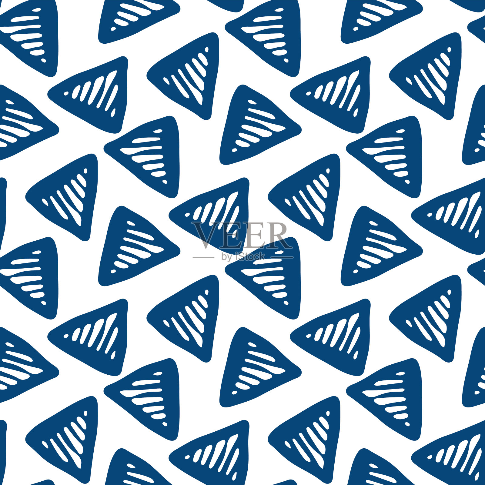 蓝色条纹等高线三角形孤立的白色背景。单色几何无缝图案。矢量平面图形手绘插图。纹理。插画图片素材