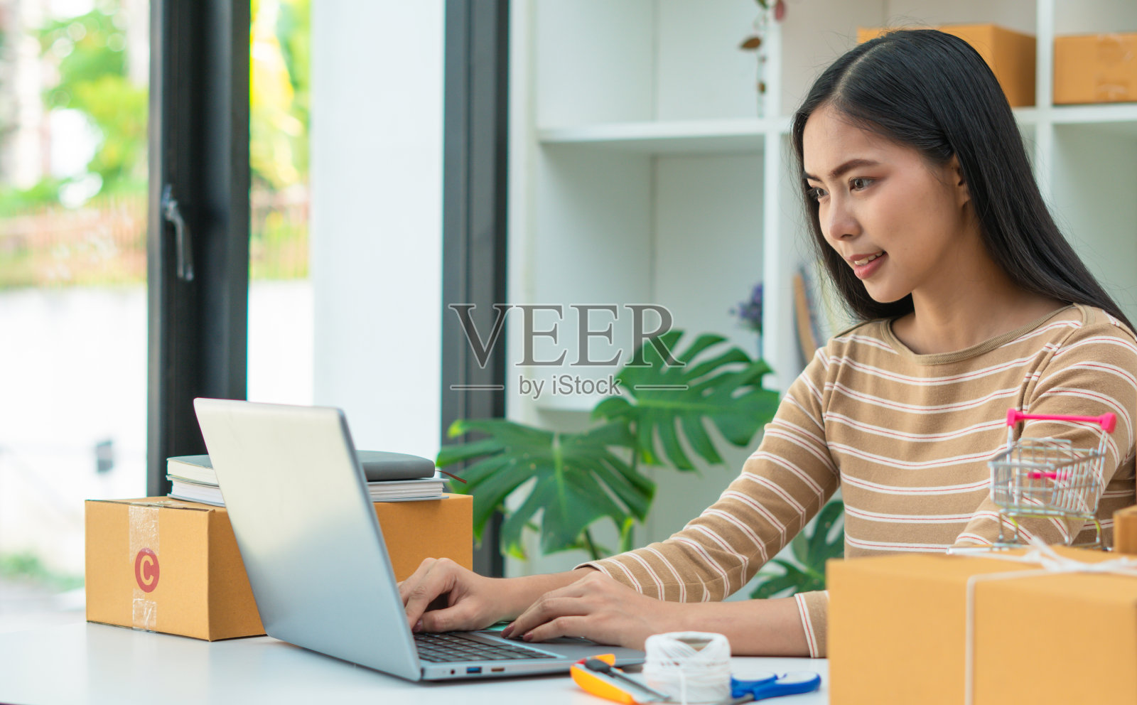 创业小企业企业家中小企业自由职业者，肖像年轻女子在家里办公，BOX，智能手机，笔记本电脑，在线，营销，包装，快递，中小企业，电子商务的概念照片摄影图片
