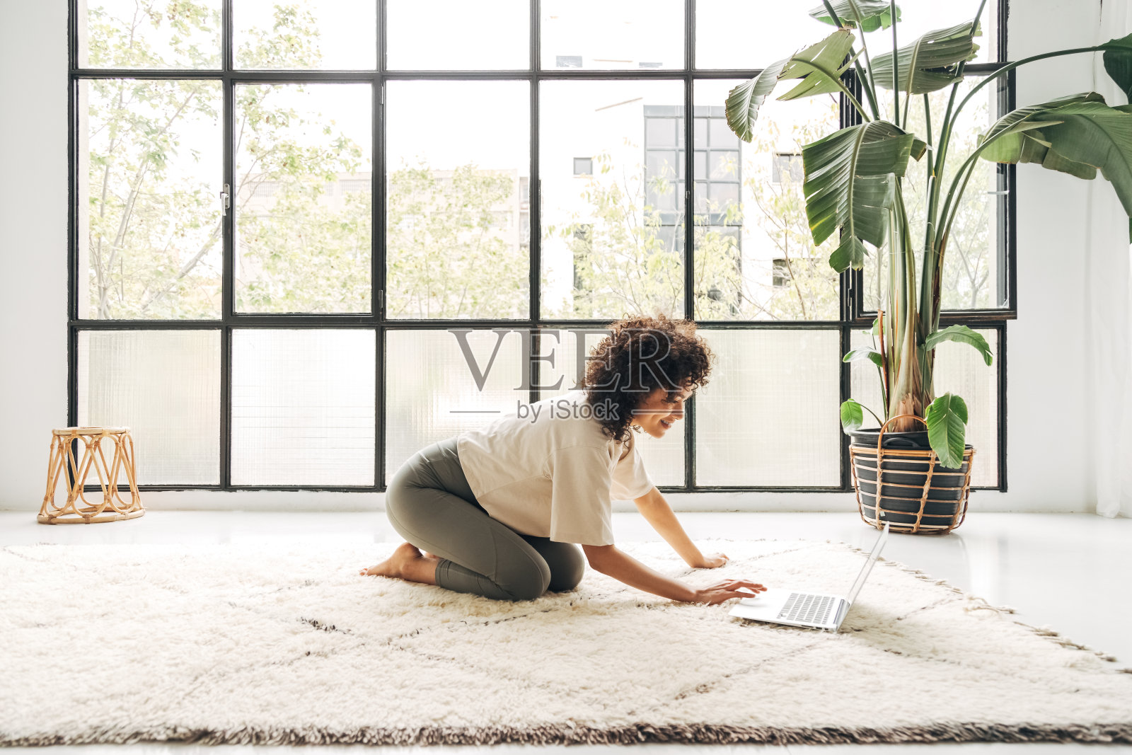 年轻的混血儿妇女在家里使用笔记本电脑进行健身训练。本空间照片摄影图片