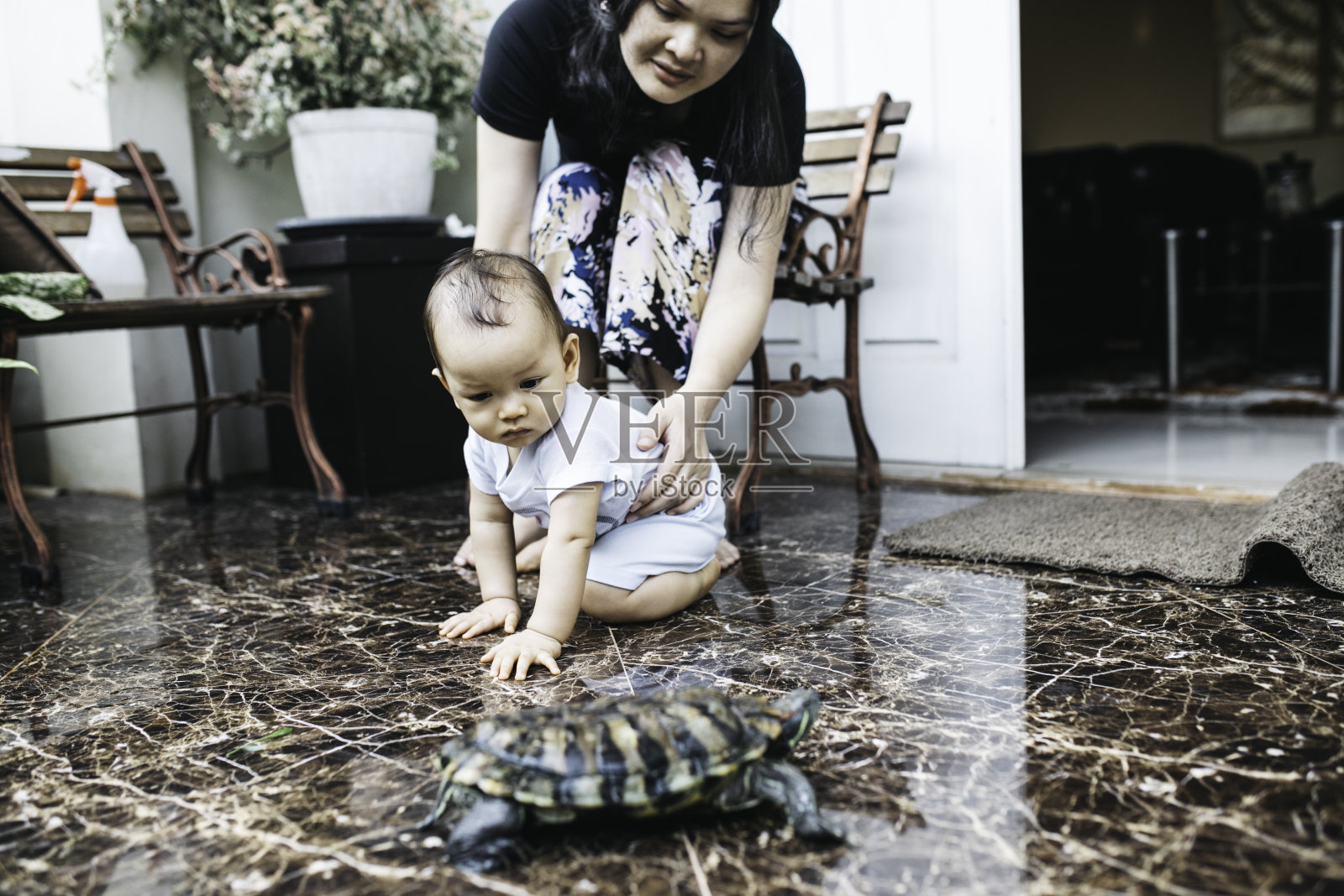 亚洲母亲和她的宝宝在家里抚摸他们的宠物在一天照片摄影图片